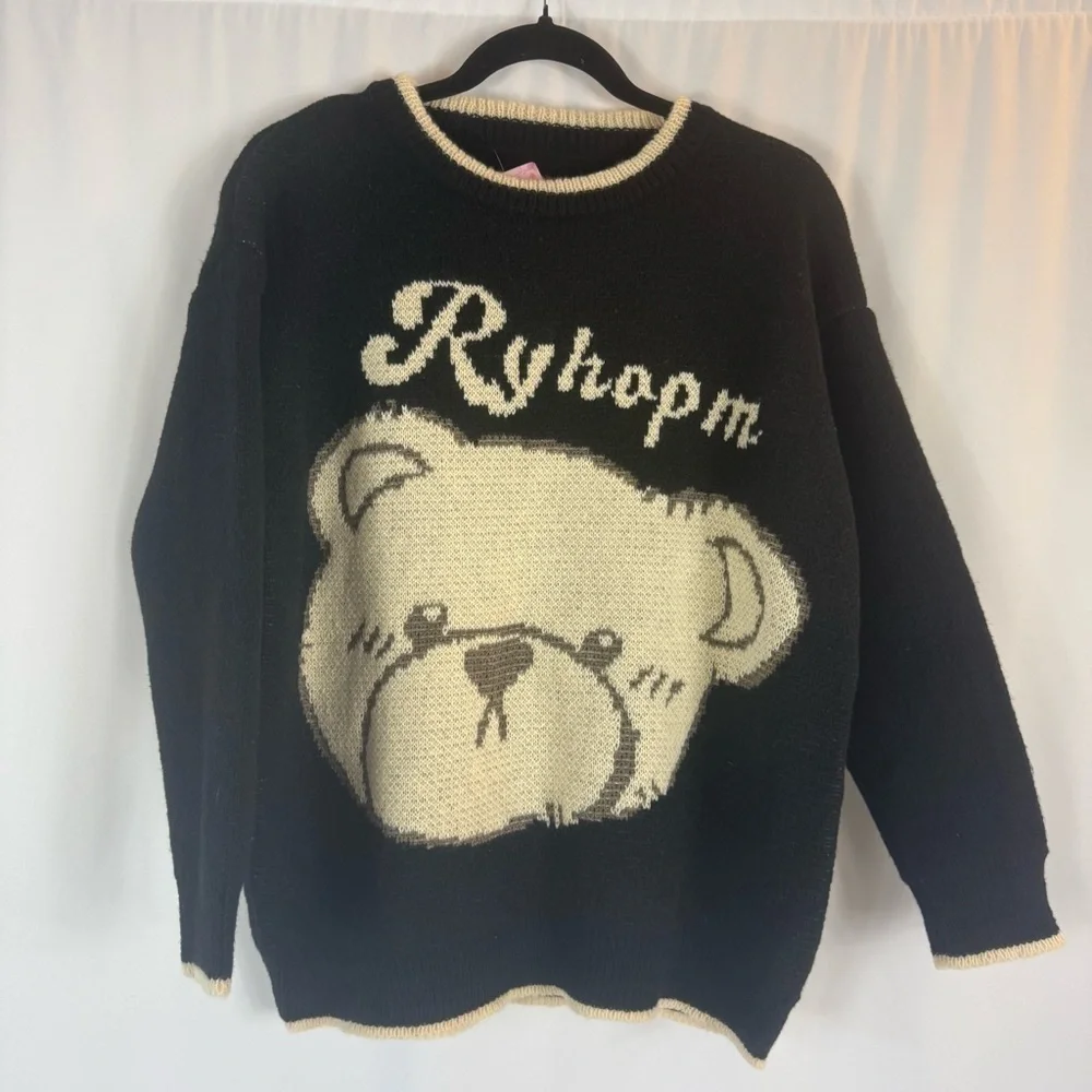 JustFab Black and Cream Knit Sweater Size: M teddy bear sweater